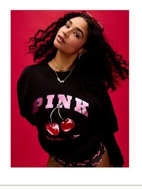 PINK Victoria's Secret Black Sweatshirt with Pink Logo and Red Cherry Graphic